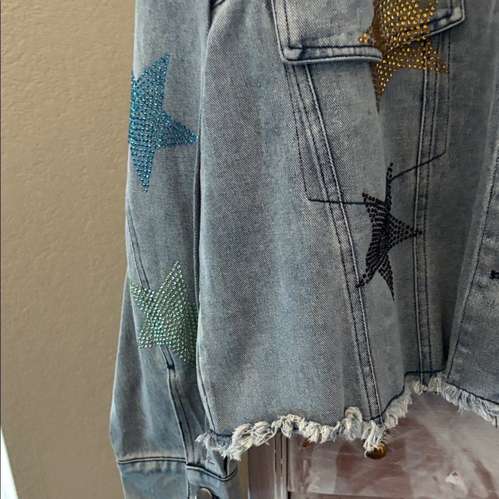 Embellished Gray Denim Jacket with Multicolor Rhinestone Stars - Picture 3 of 4